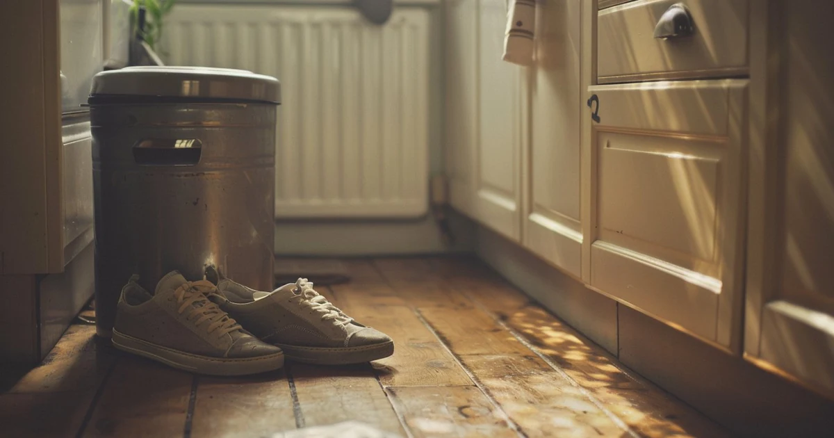 A household bin filled with discarded clothing and shoes.