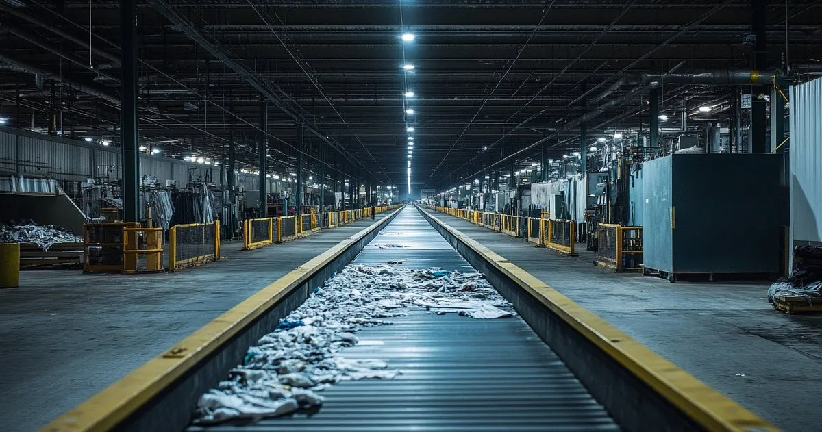 Industrial textile recycling plant interior.