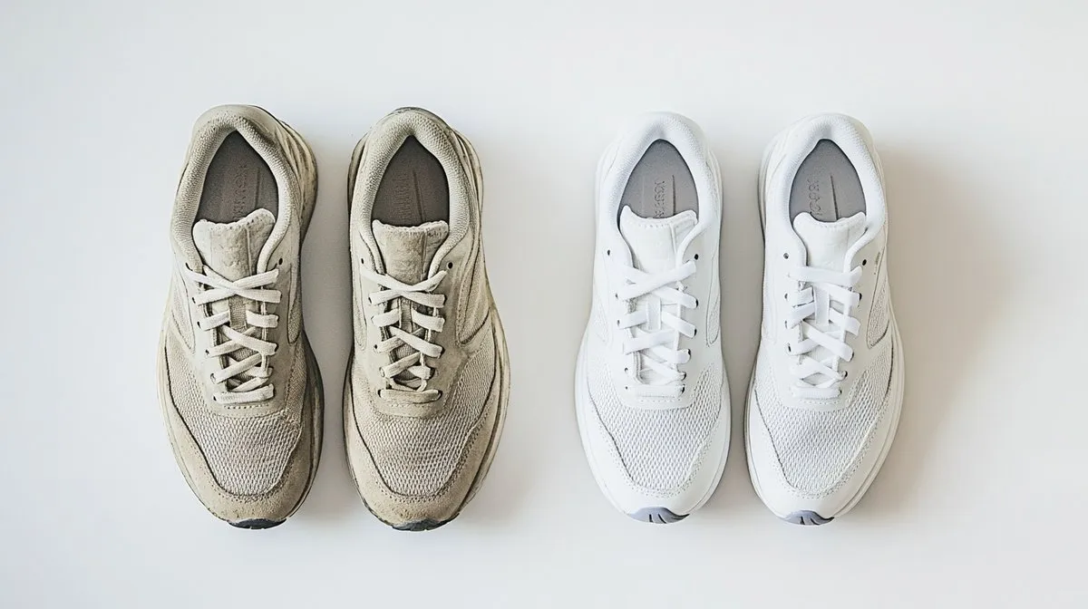 Worn running shoes lined up after a race.