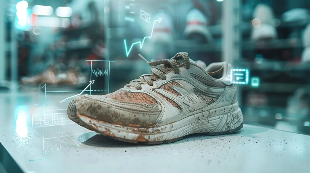 A pile of worn running shoes brought back to the store.